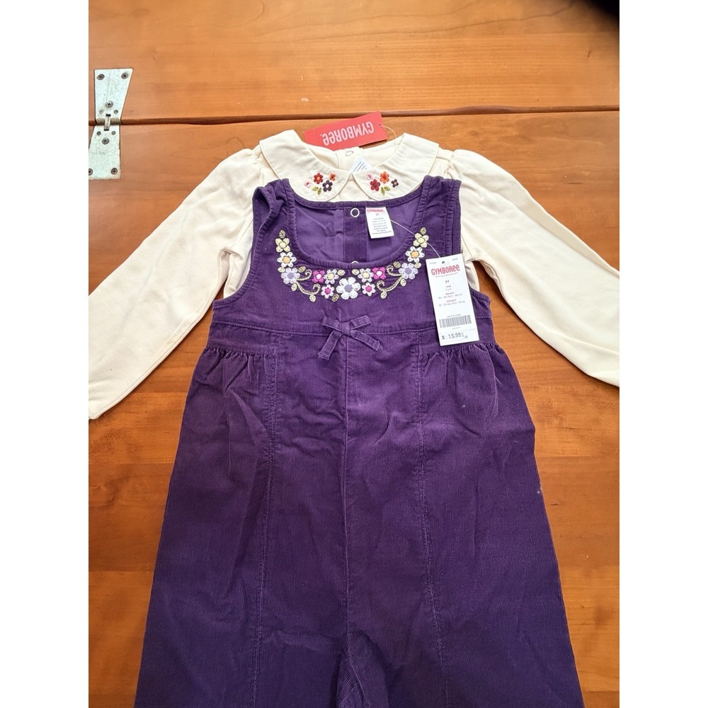 Gymboree Girls 3T Purple Corduroy Overall w/ Bodysuit Embroidered Floral Outfit